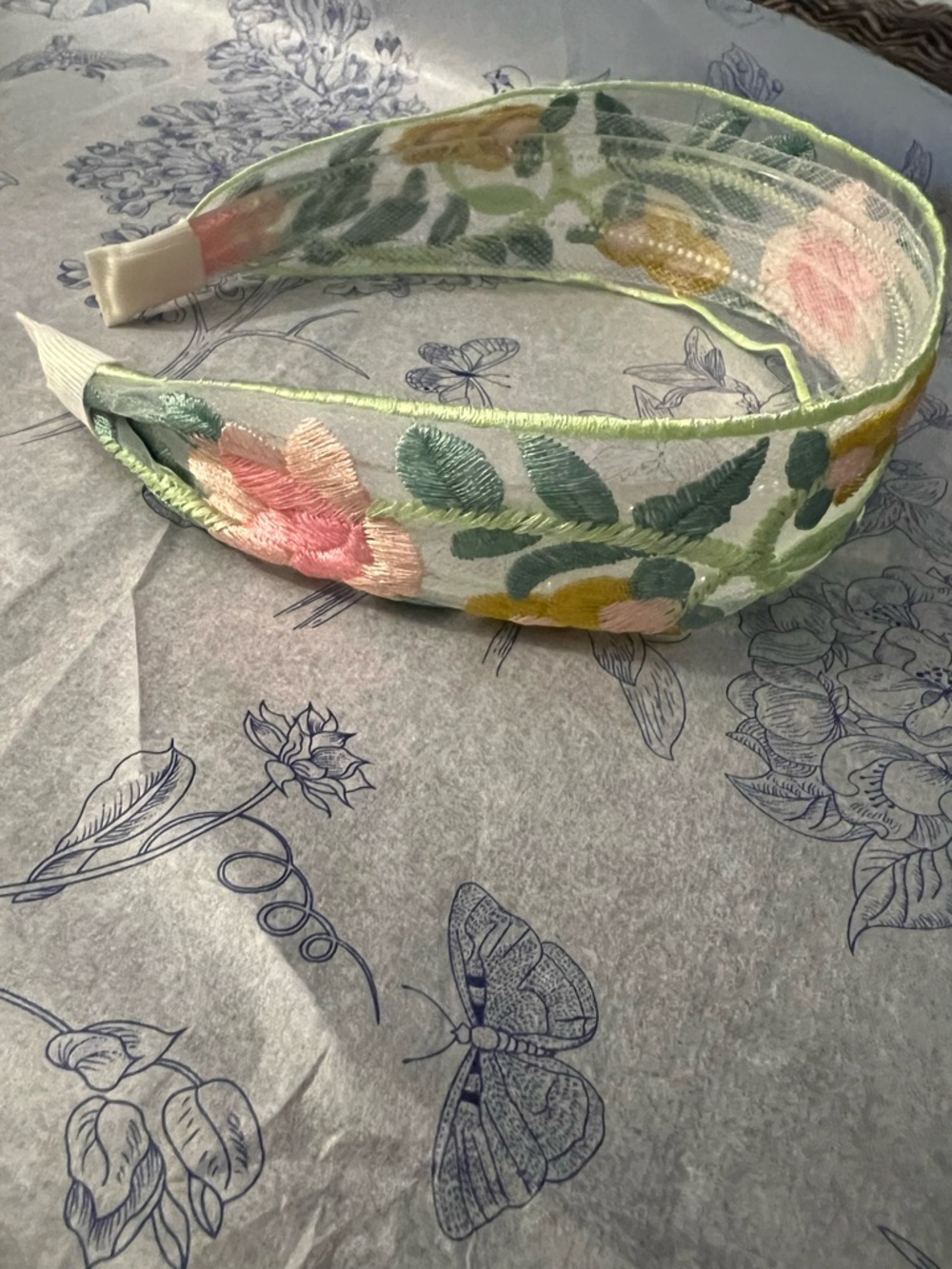 Embroidered Floral Headband in Light Green and Pink
